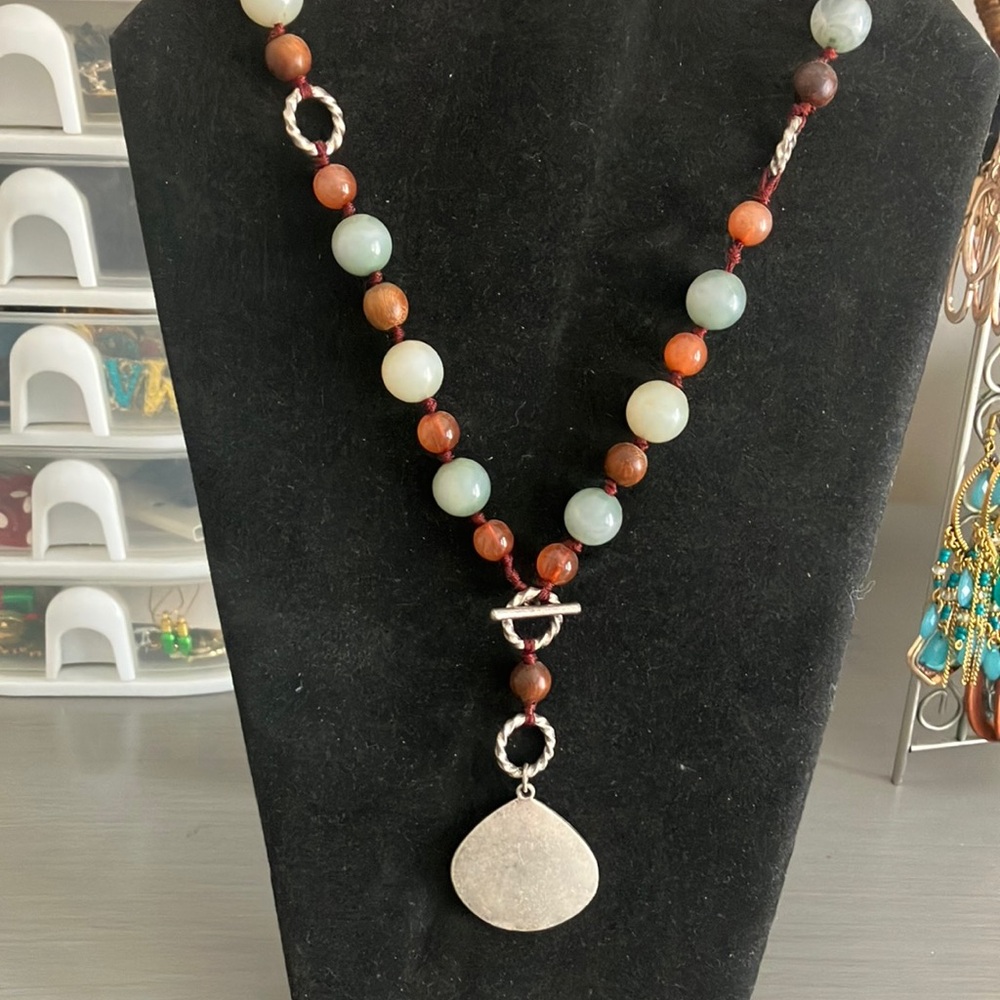 Green and Brown Beaded Necklace with Organic Pendant